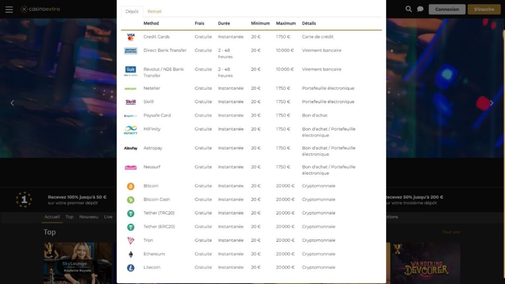 moyens dépôt casino extra